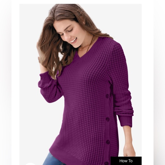 Woman Within Sweaters - Woman Within | Burgundy Side Button V-Neck Waffle Knit Sweater | size 3x